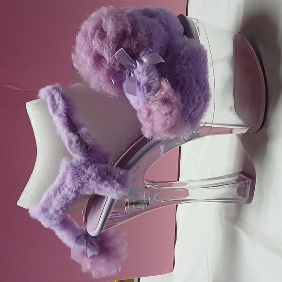 Dolls Kill Sugar Thrillz Purple Fur Plush Poodle Clear Acrylic Platform Heels 8 - Picture 6 of 16